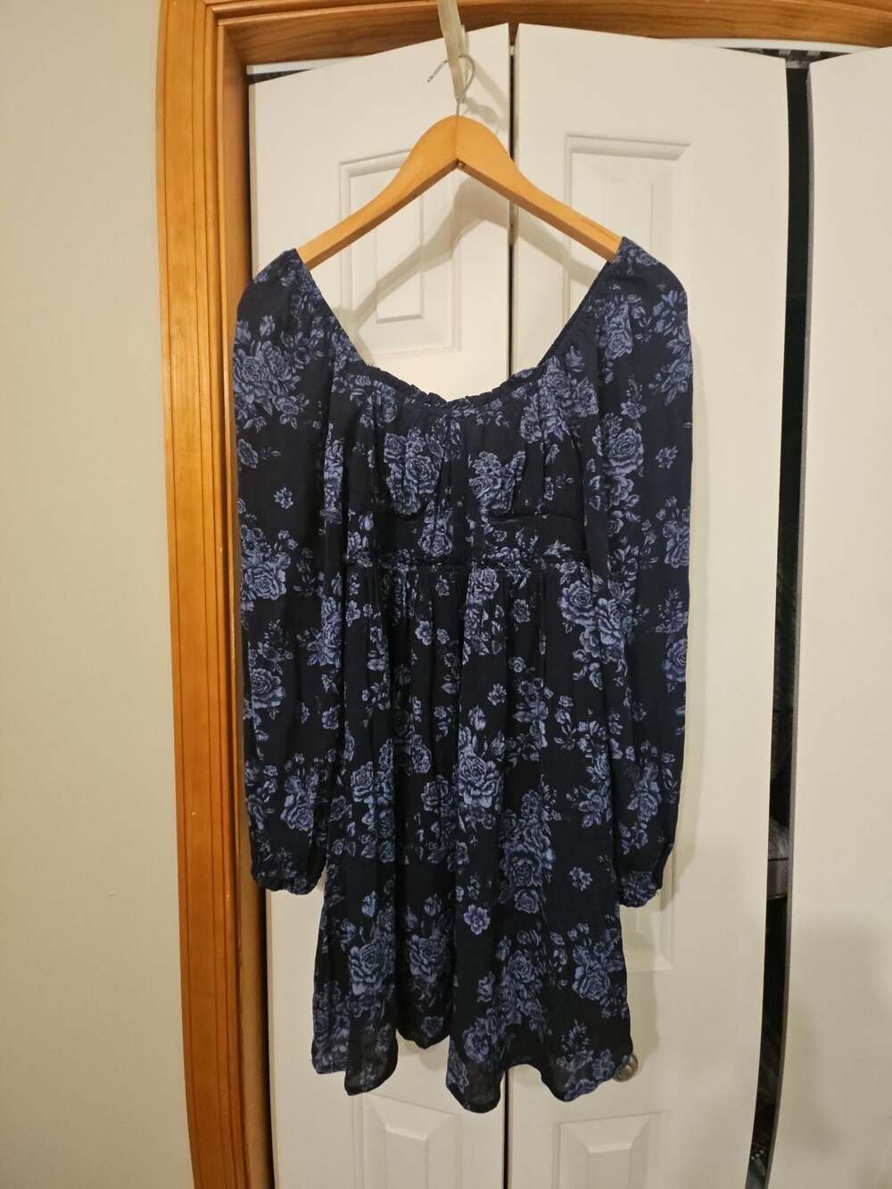 Altar'd State Black Blue Floral Print Long Sleeve Square Neck Babydoll Mini Dres